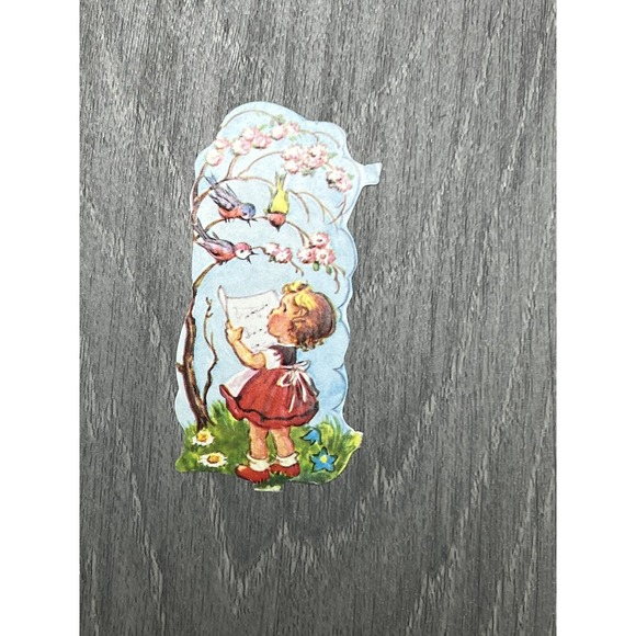 Other - Vintage Die-Cut Scrap Little Girl Birds Cherry Blossom Tree Spring Ephemera